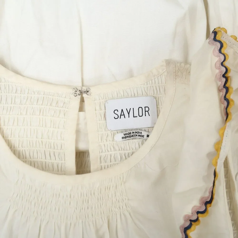 Saylor Anthropologie Yolanda Midi Dress Ric Rac Smocked Ruffle Cotton M 282247